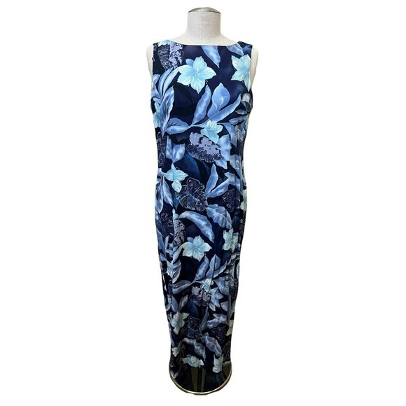 VINTAGE Women's Blue Sleeveless Hawaiian Print Maxi Dress, Size 11/12 - Picture 1 of 4